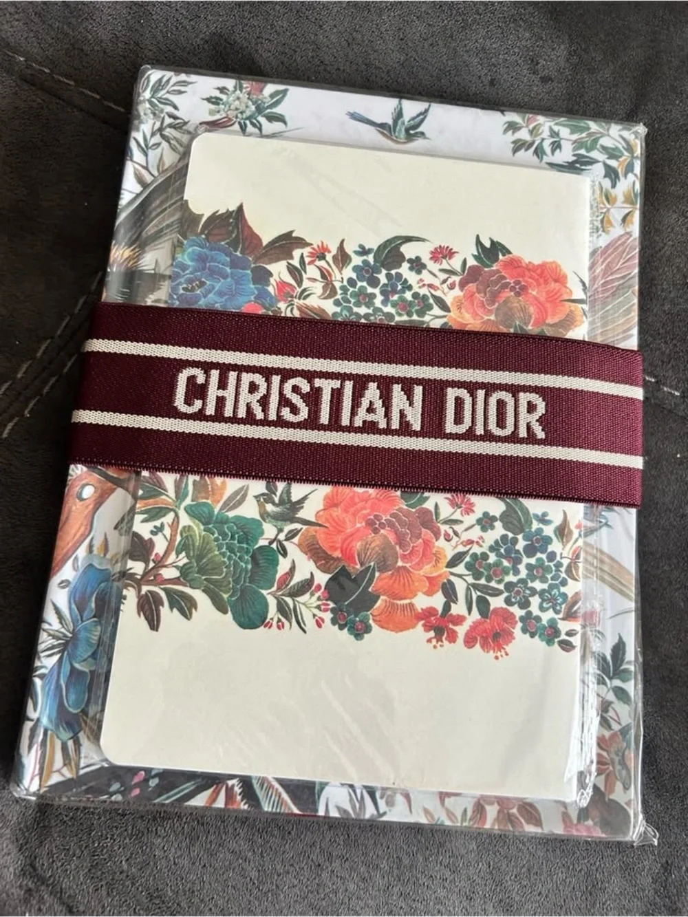 Dior Floral Card Holder with Burgundy Logo Band and Multicolor Bouquet